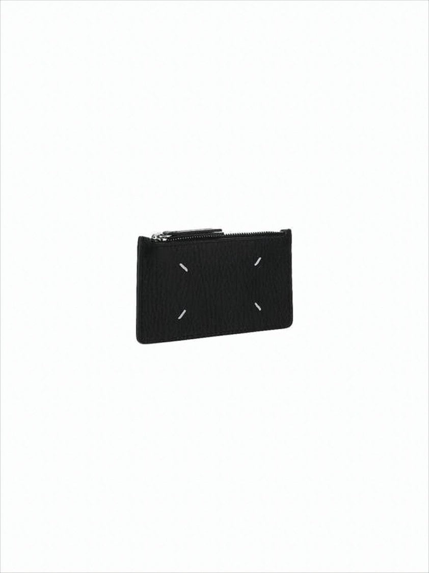 Textured Calf Leather Wallet With Zippered Closure And Stitch Accents