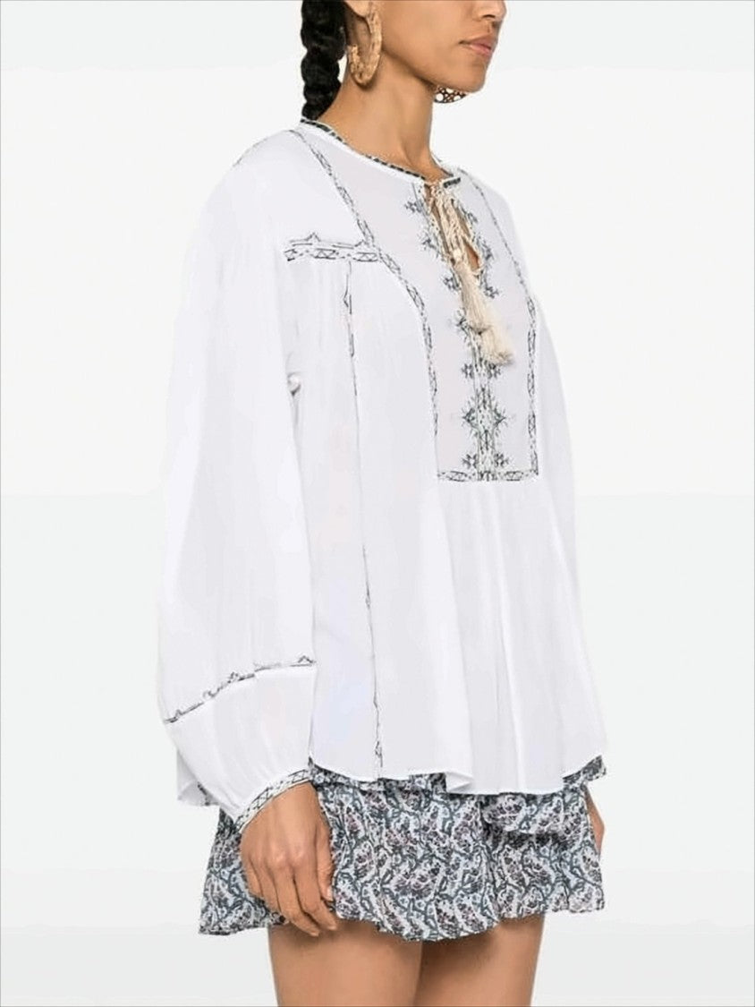 Relaxed-Fit White Shirt with Embroidery and Tassel Tie