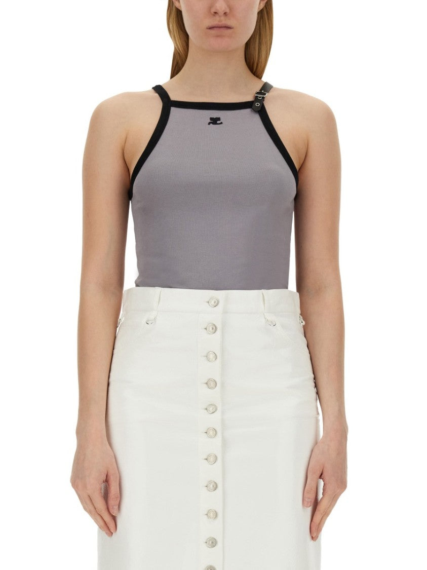 Fitted Top With Central Logo And Contrasting Trim