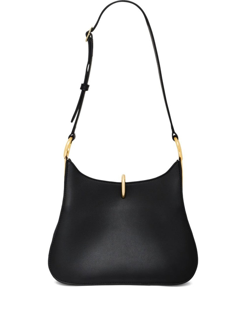 Curved Leather Shoulder Bag with Brass Hardware