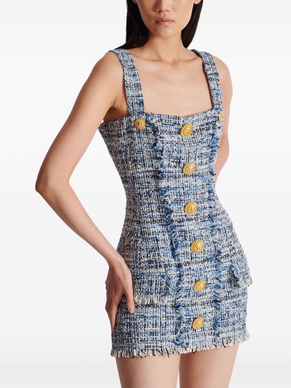 Fitted Blue-Grey Tweed Mini Dress