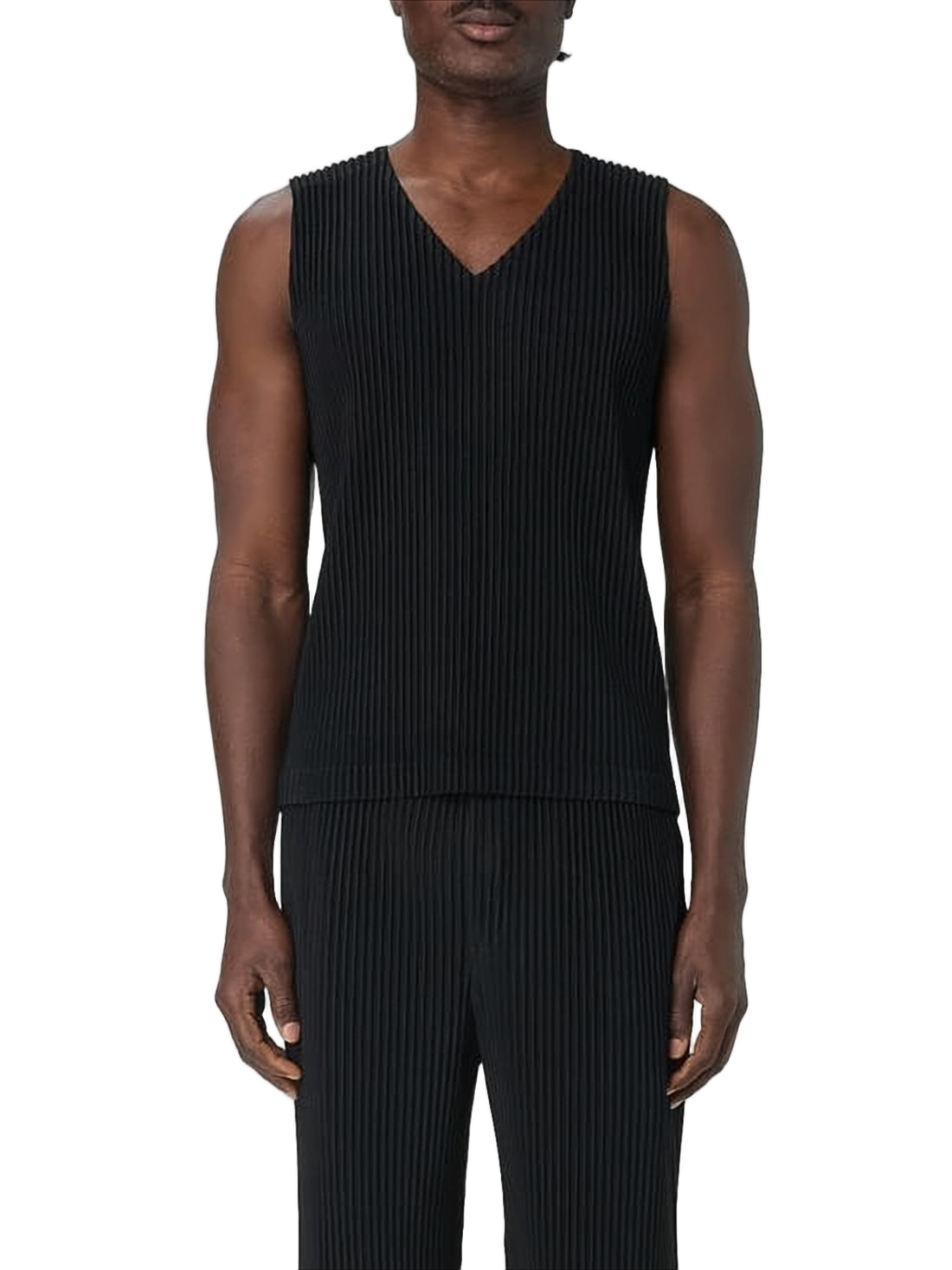 Deep V-Neck Black Pleated Knit Vest