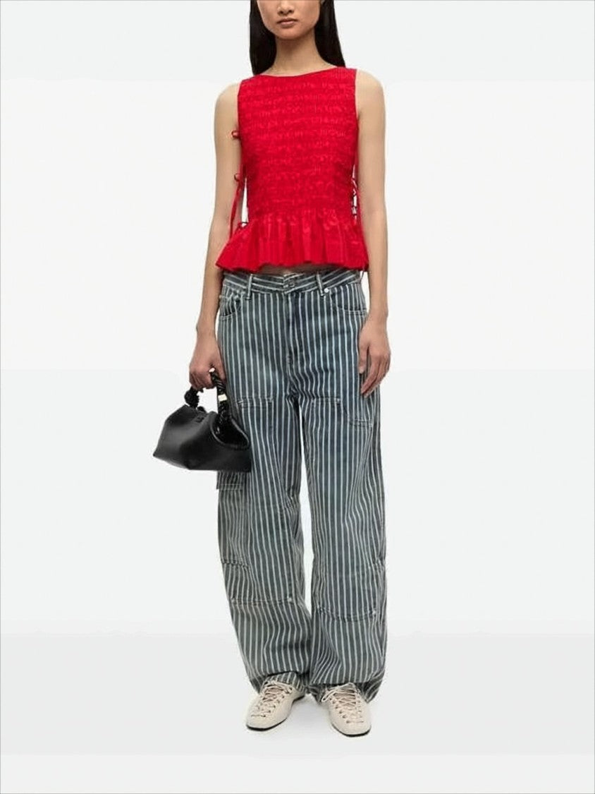 Vertical Striped Straight-Leg Pants With Cargo Pocket Detail