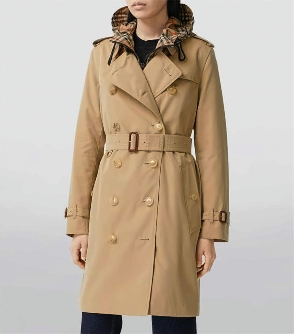 Double-Breasted Trench Coat with Distinctive Check Hood