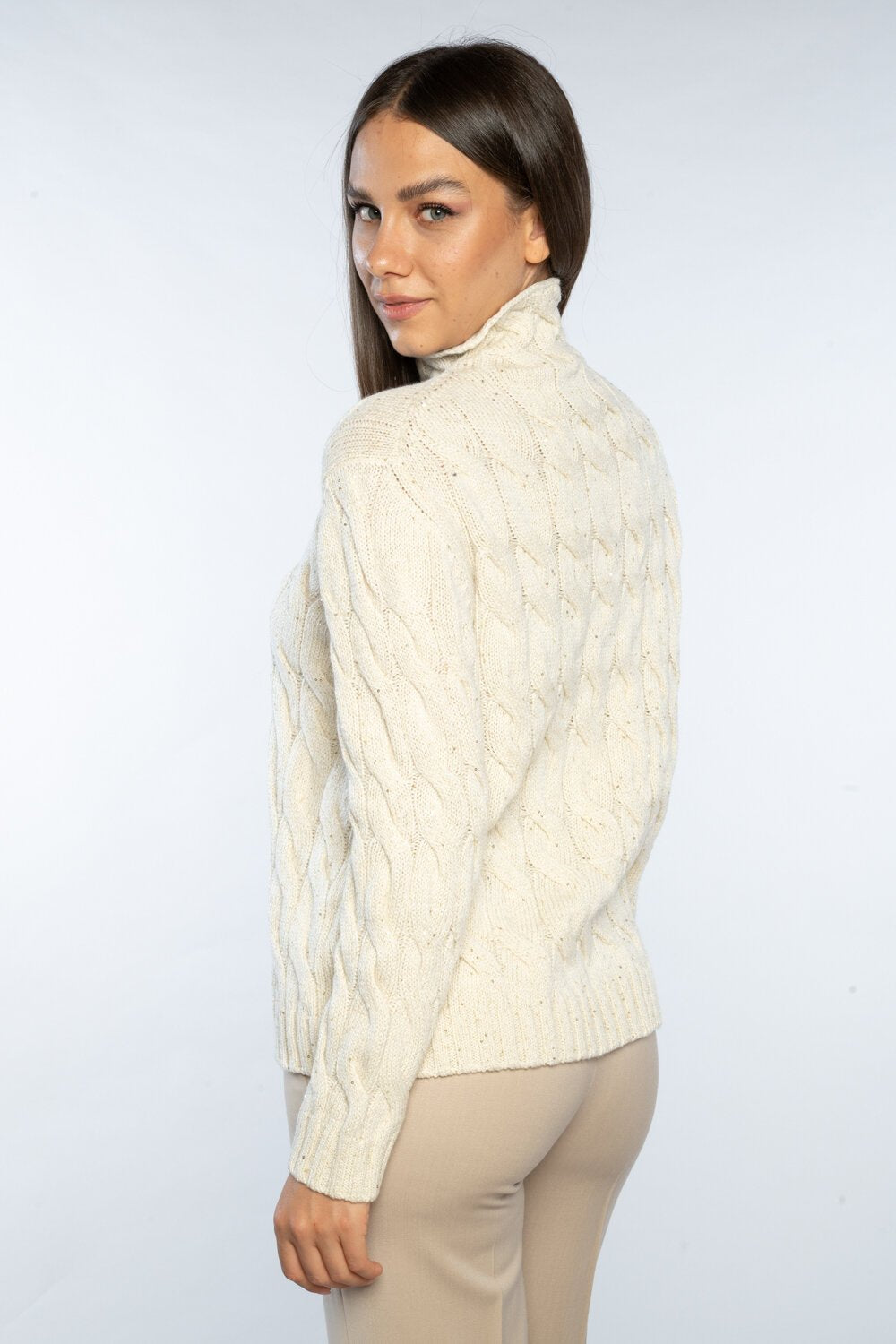 Ivory Cable-Knit Turtleneck Sweater With Braided Pattern