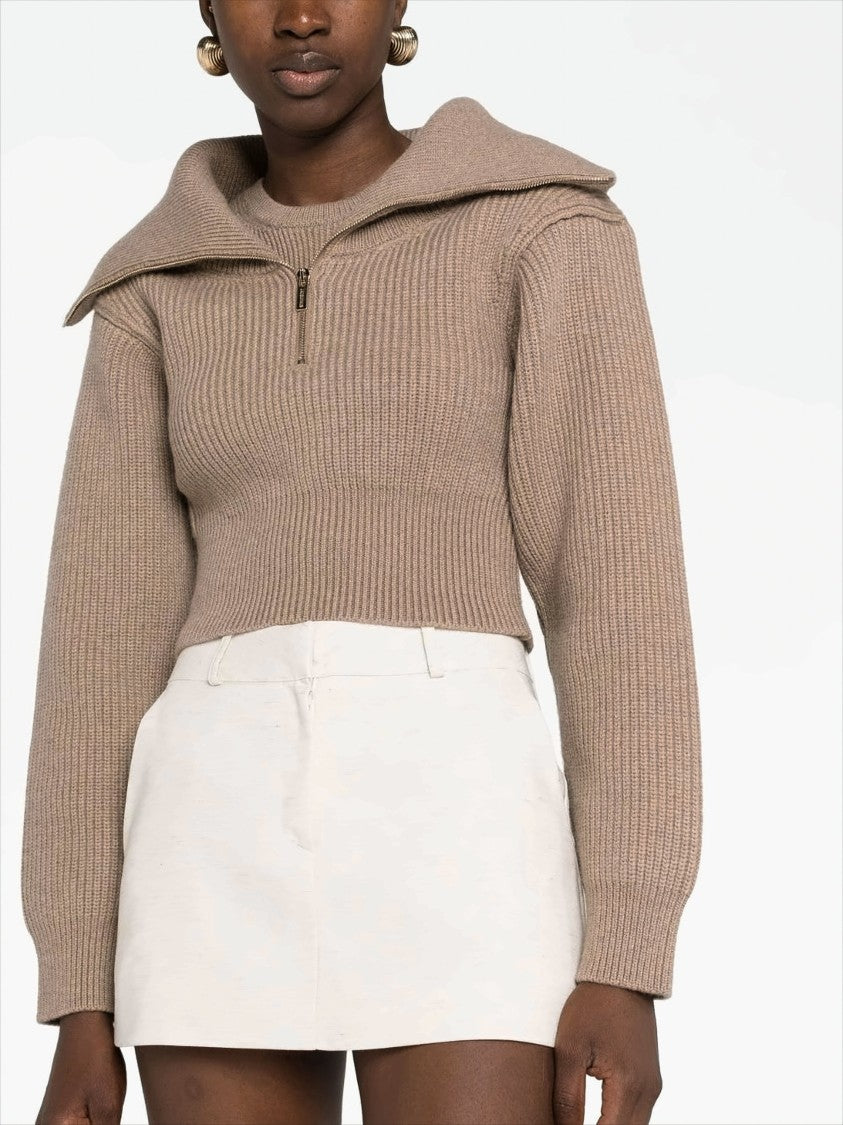 Cropped Merino Wool Sweater with Double Collar