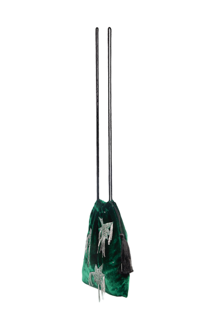 Small Green Velvet Drawstring Bag With Silver Embroidery