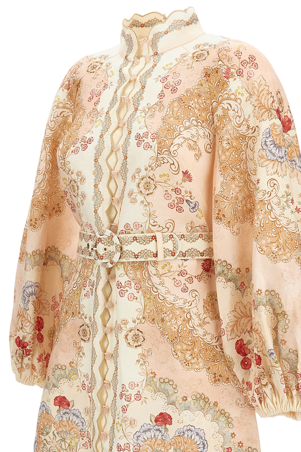 Floral Linen Mini Dress With Stand Collar