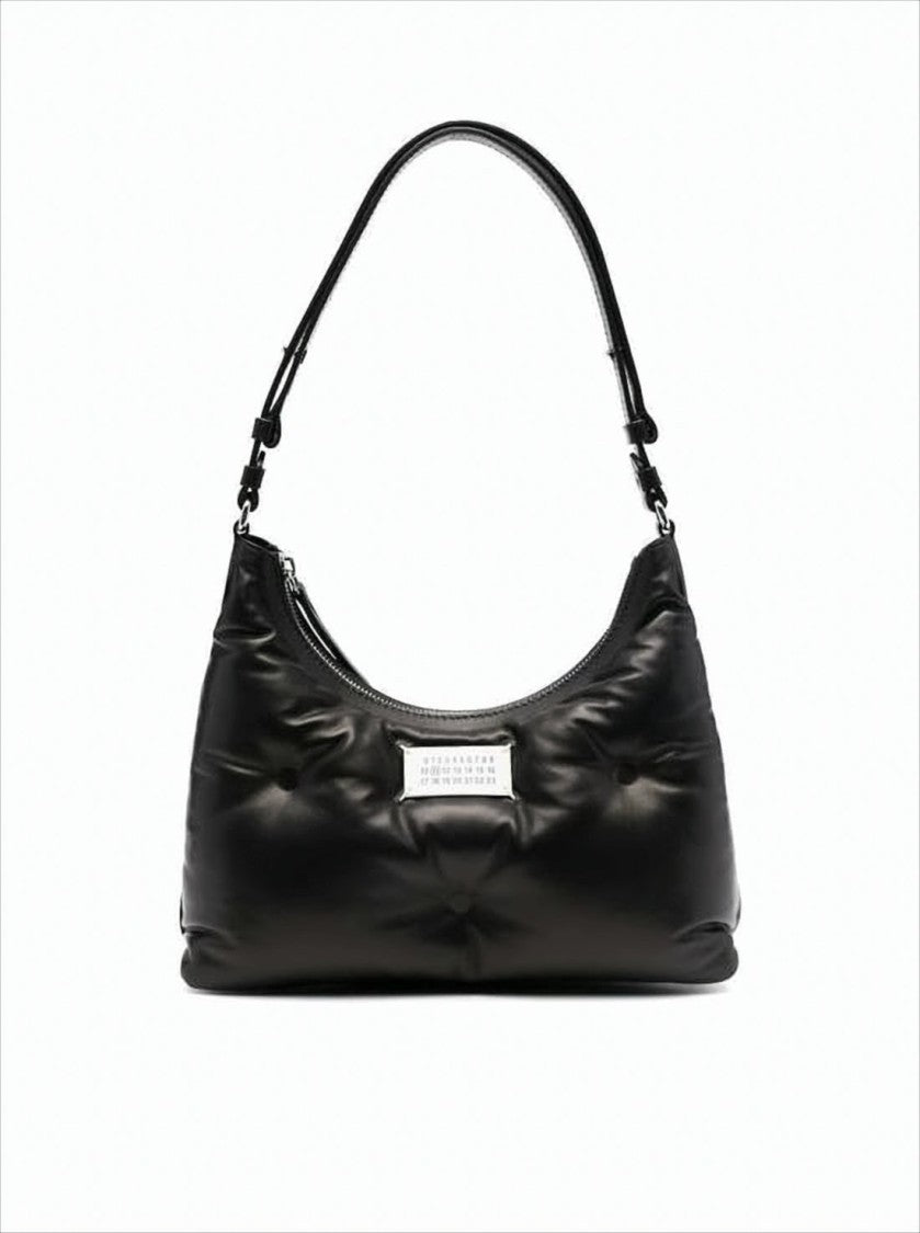 Curved Black Nappa Leather Shoulder Bag With Adjustable Strap