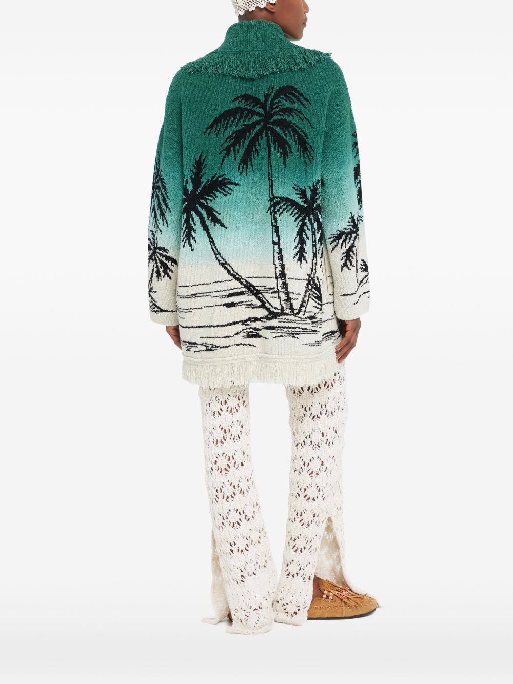 Gradient Knit Sweater With Fringe Shawl Collar