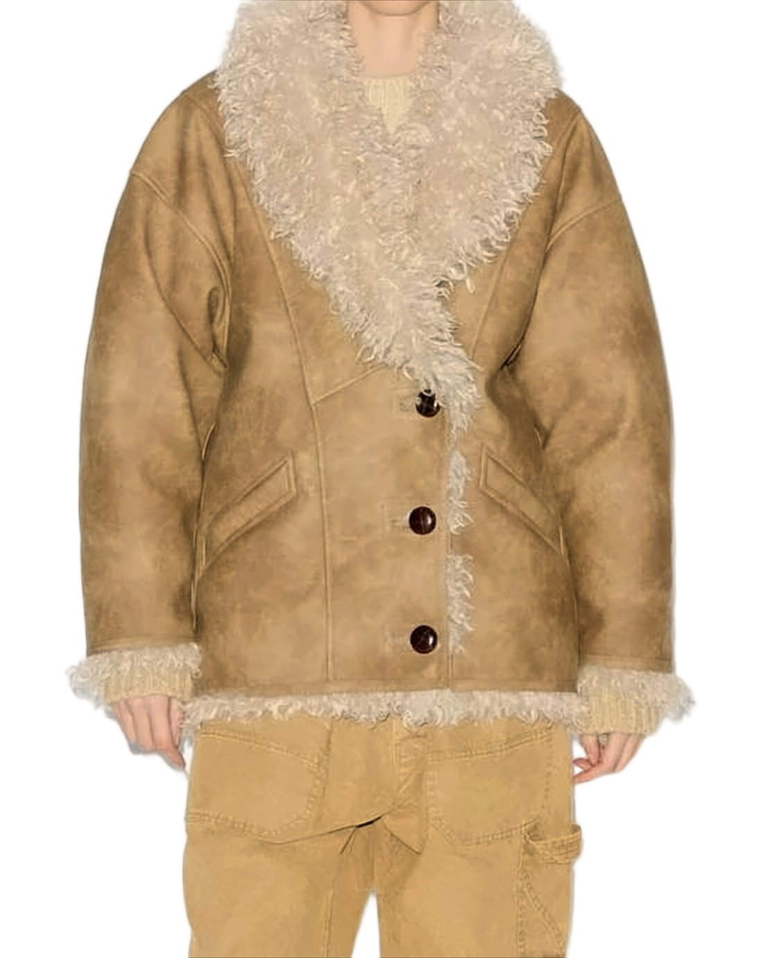 Boxy Short Coat with Plush Shearling Collar