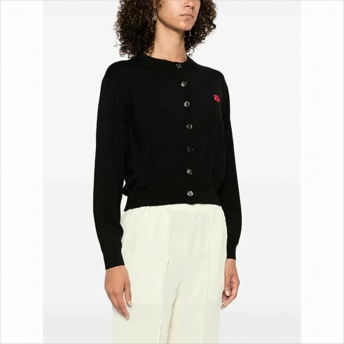 Classic Button-Up Wool Cardigan With Embroidered Floral Emblem