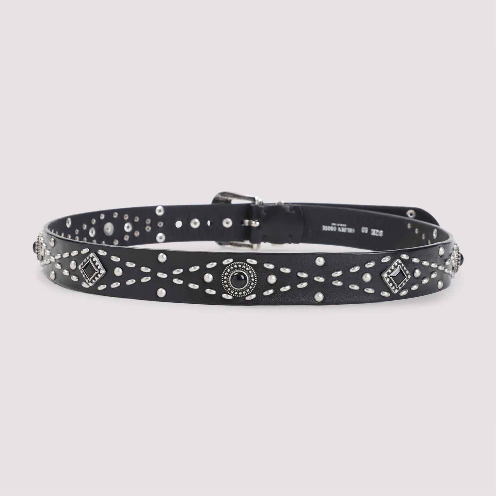 Black Leather Belt With Silver-Tone Studs And Vintage Buckle