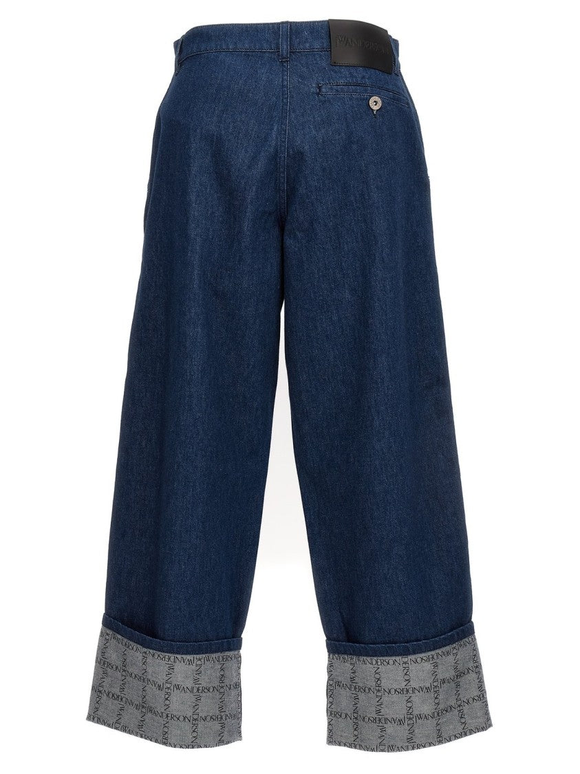 Relaxed-Fit Wide-Leg Denim Pants With Cuffed Hem And Patterned Interior
