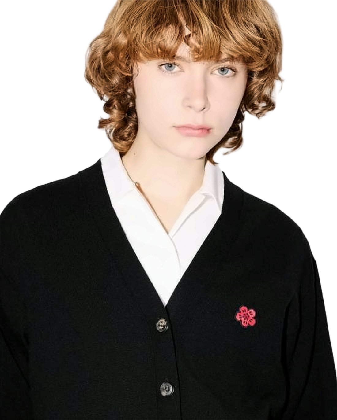 V-Neck Black Cardigan with Floral Emblem