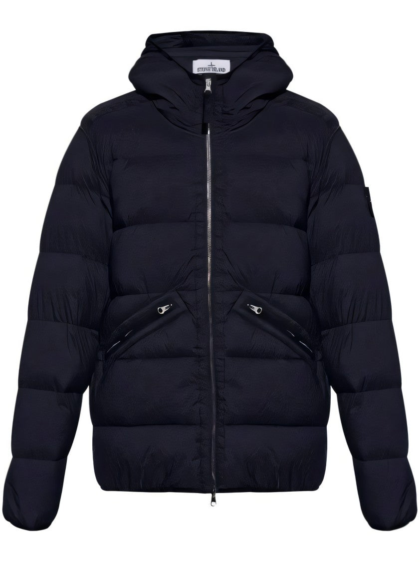 Quilted Down Coat With Hood And Zippered Pockets