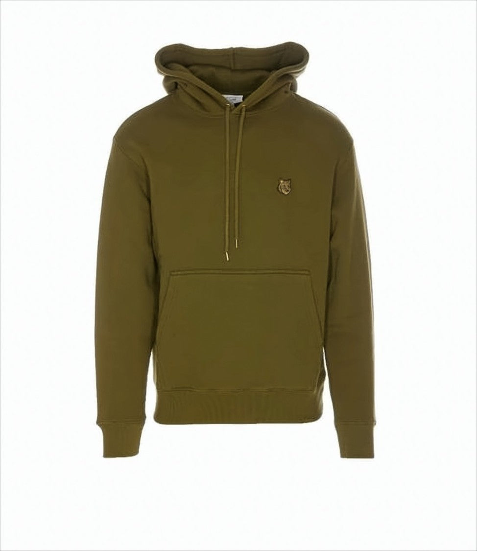 Solid Olive Green Cotton Hoodie With Iconic Fox Emblem