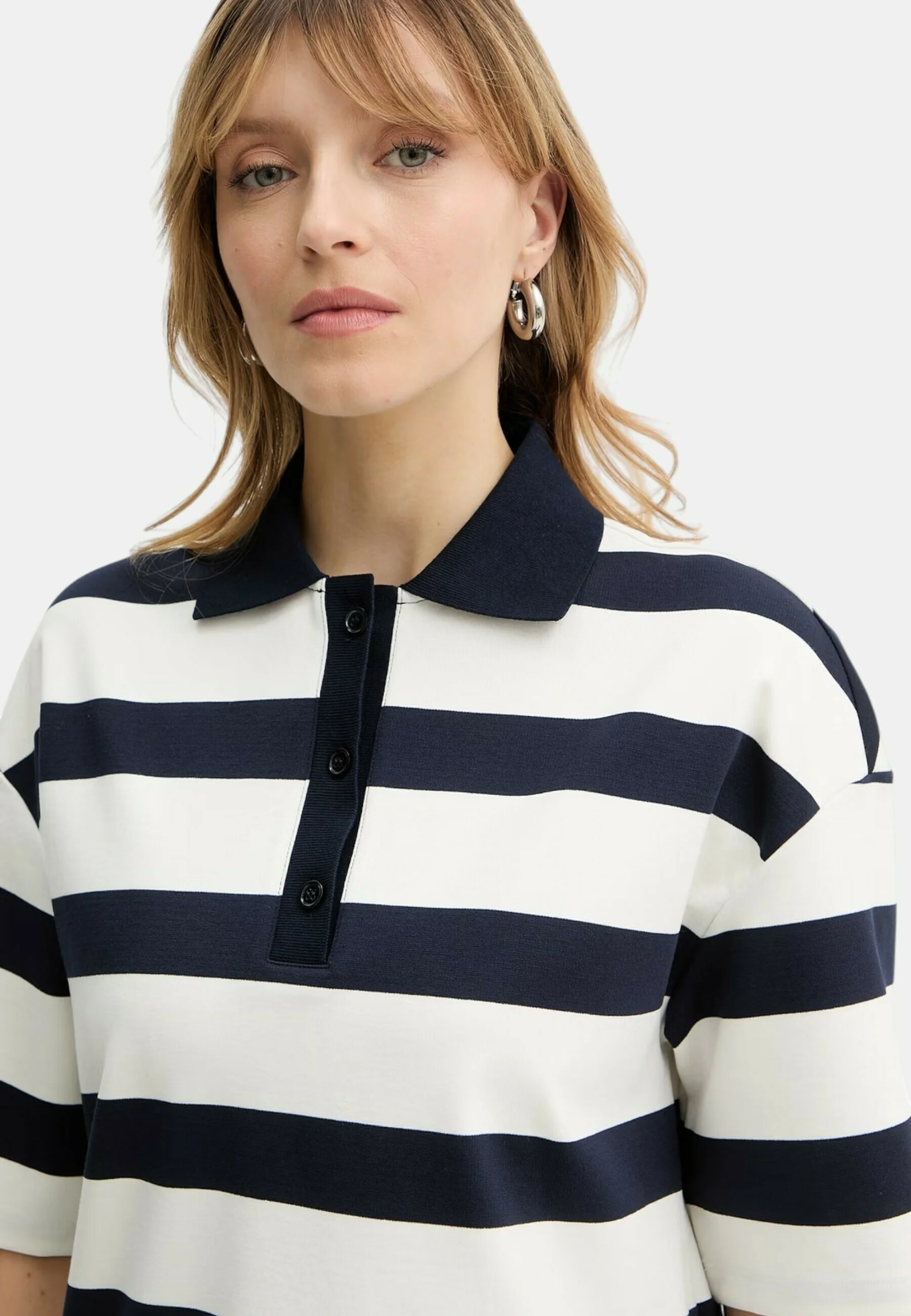 Navy Striped Viscose Polo Shirt