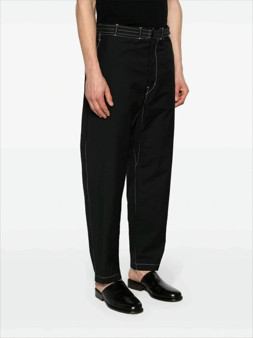 Relaxed Fit Black Straight Pants With Belt Detail And Contrasting Stitching