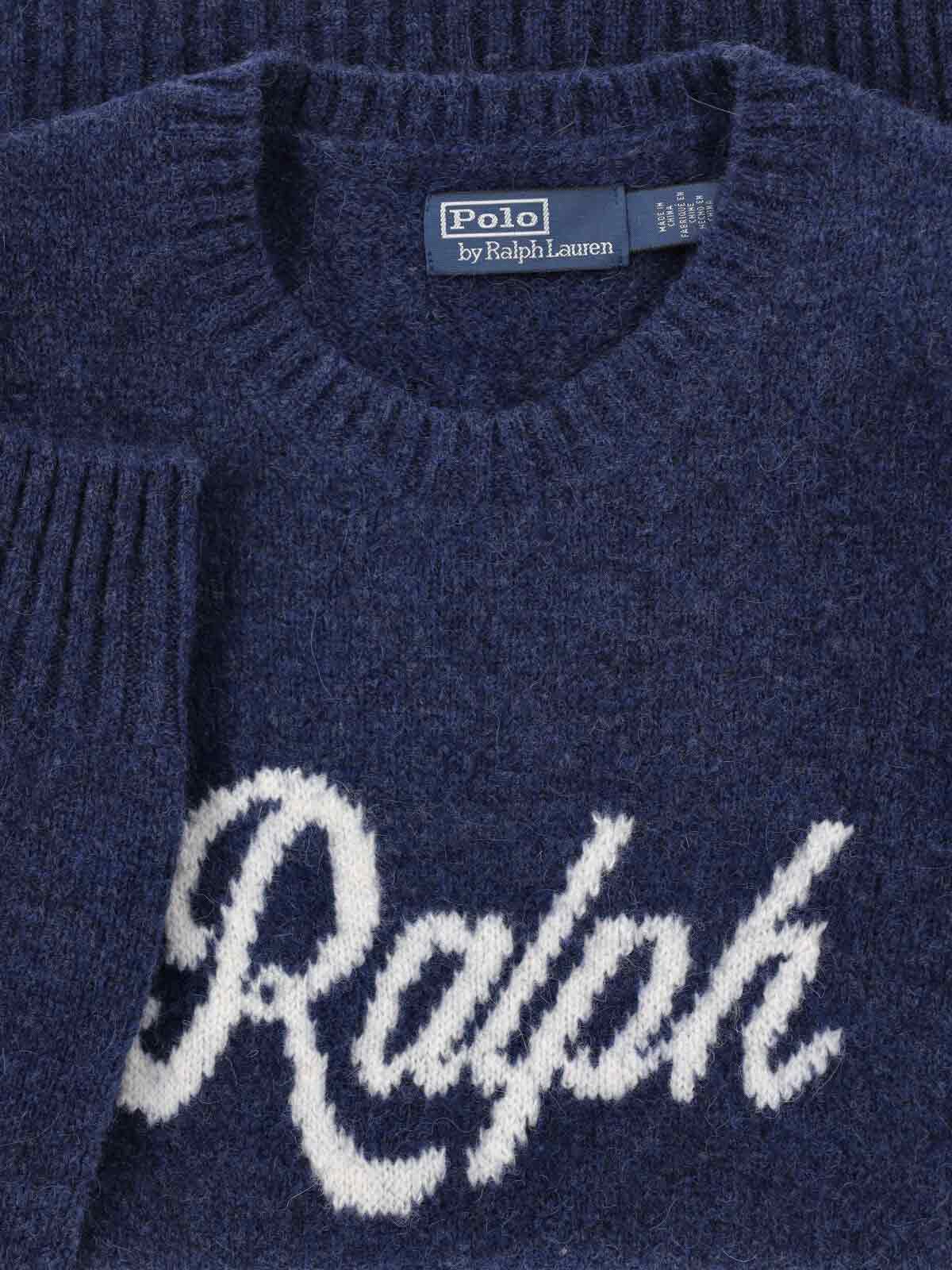 Crewneck Blue Wool-Blend Sweater with Jacquard Logo