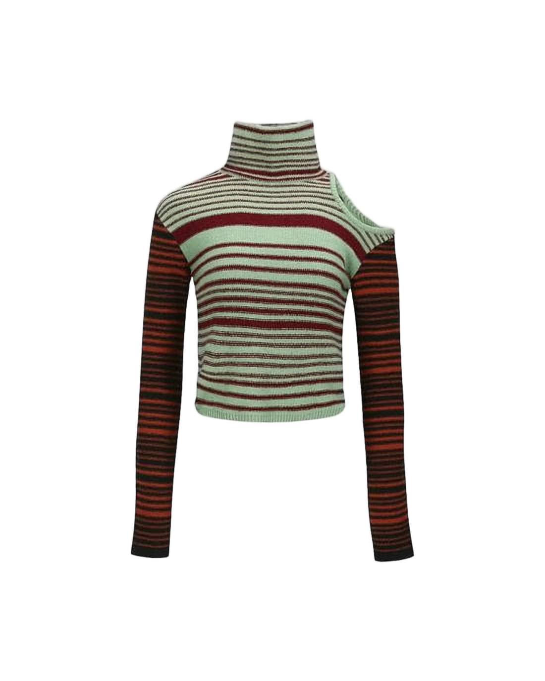 Cropped Striped Turtleneck Sweater with Asymmetrical Cut-Out