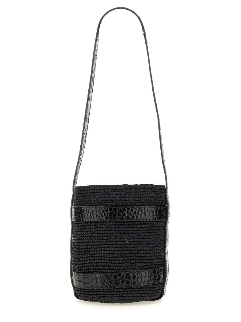 Textured Raffia Bucket Bag With Glossy Accents