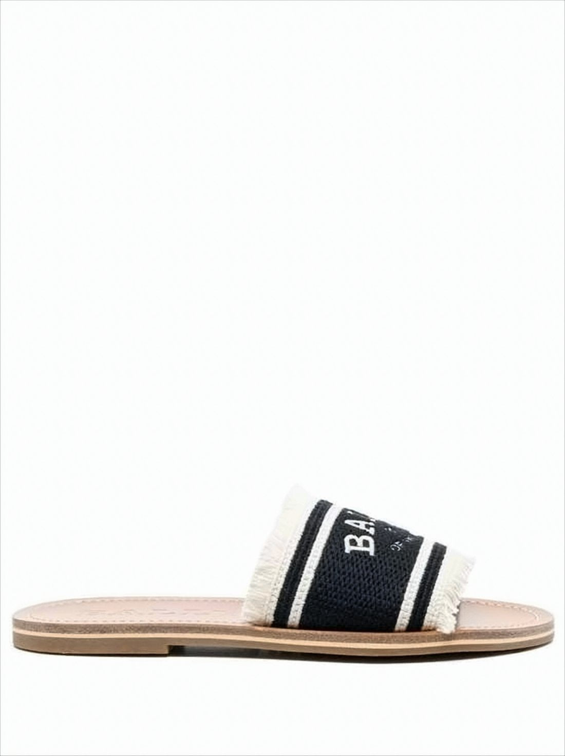 Wide Strap Slide Sandal with Fringed Edges