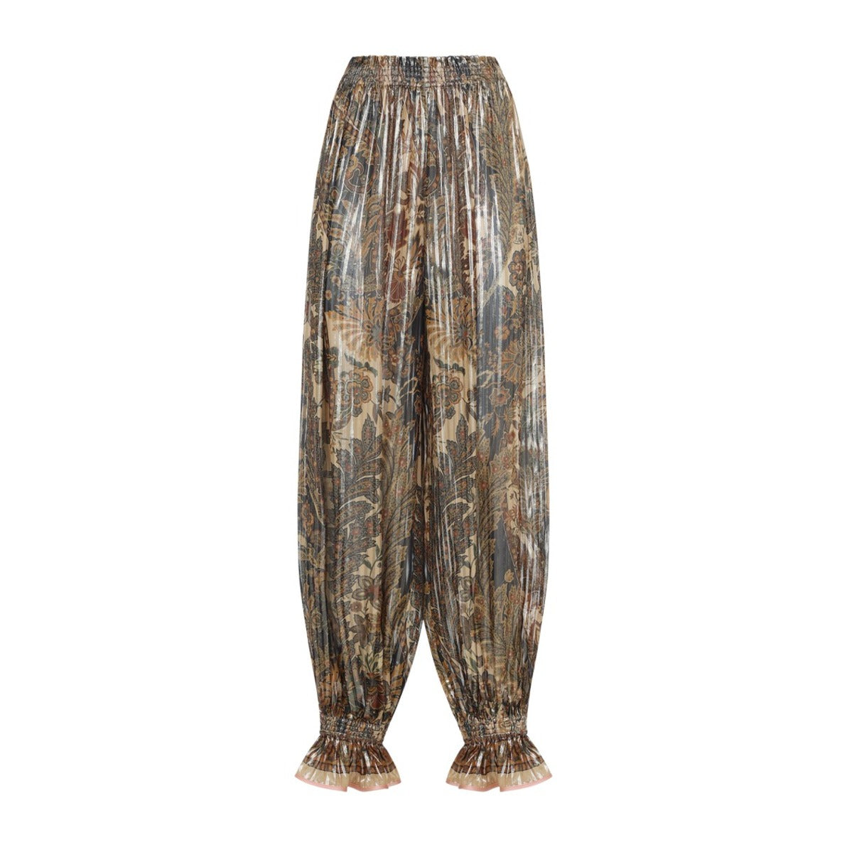 Floral Pattern Silk Blend Trousers With Gathered Waistband
