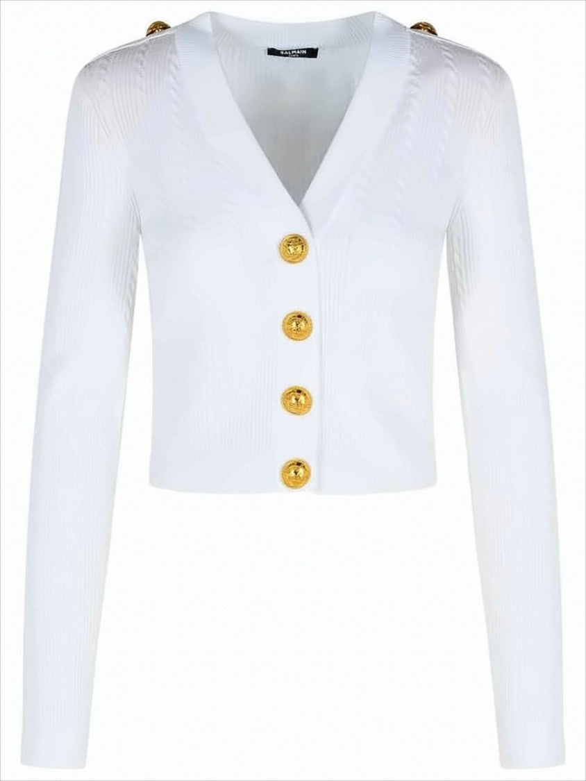 Cropped Textured Knit Cardigan with Gold-Tone Buttons