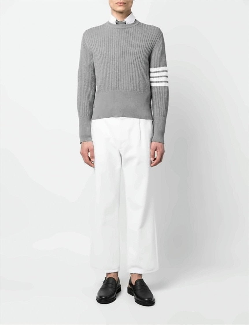 Ribbed Knit Grey Sweater with Distinctive Buttoned Cuffs