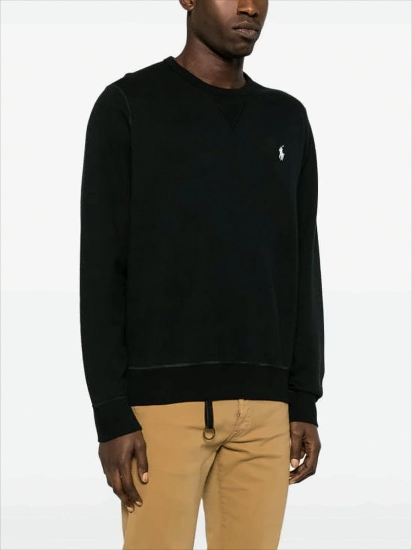Black Crewneck Sweater with Embroidered Logo and Ribbed Hem