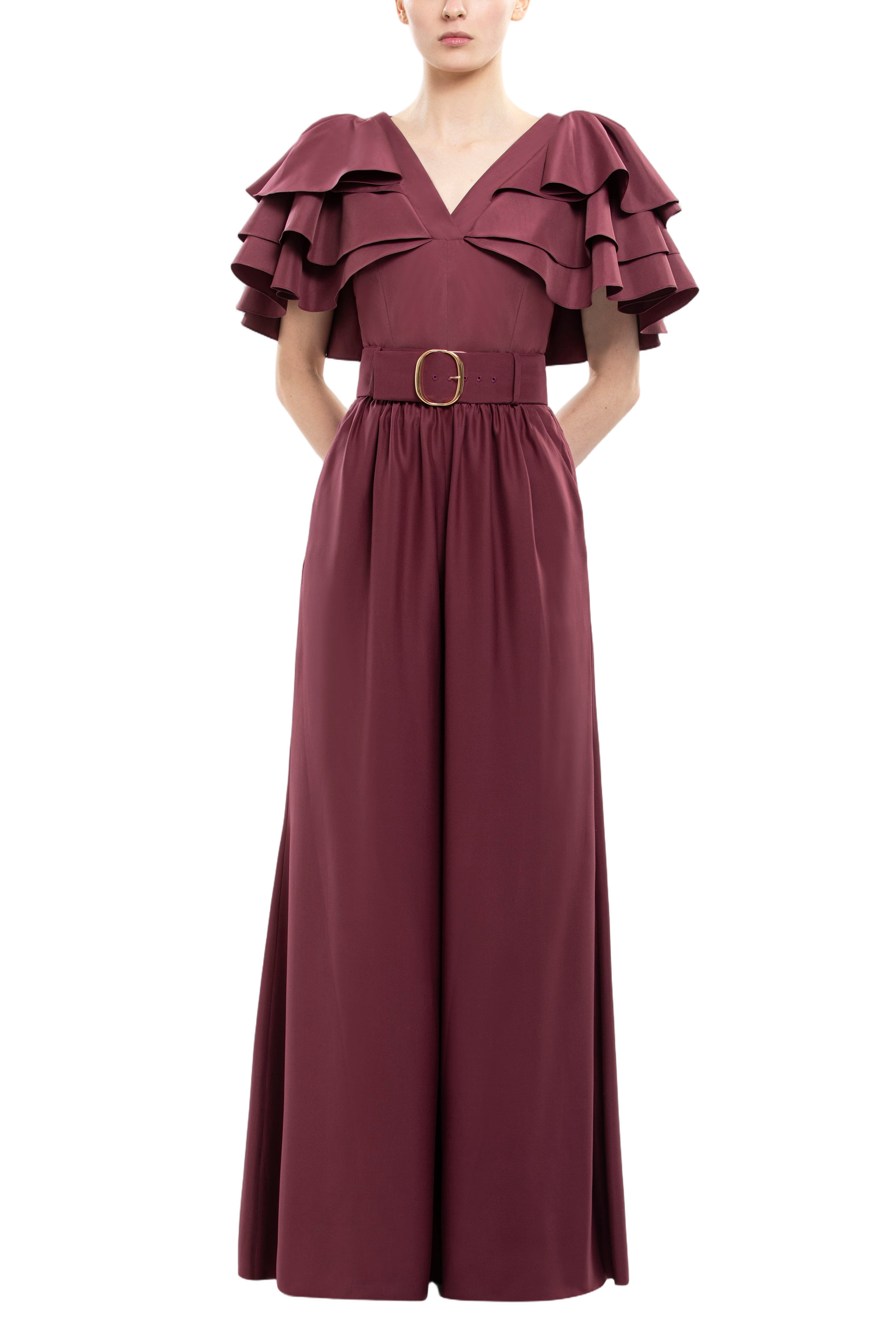 Ruffled Taffeta Top with Satin Wide-Legged Pants