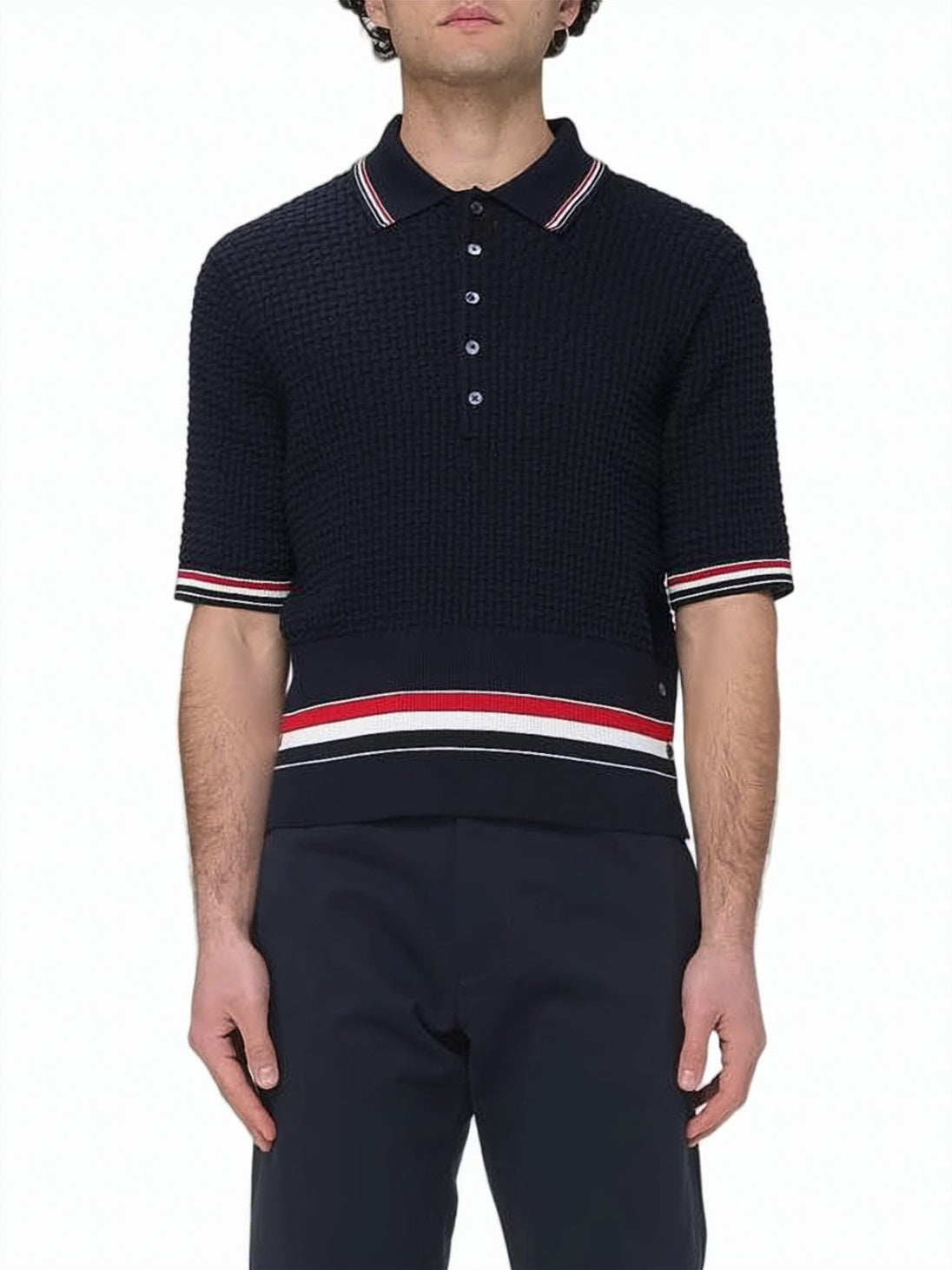 Textured Knit Short-Sleeve Polo with Striped Accents