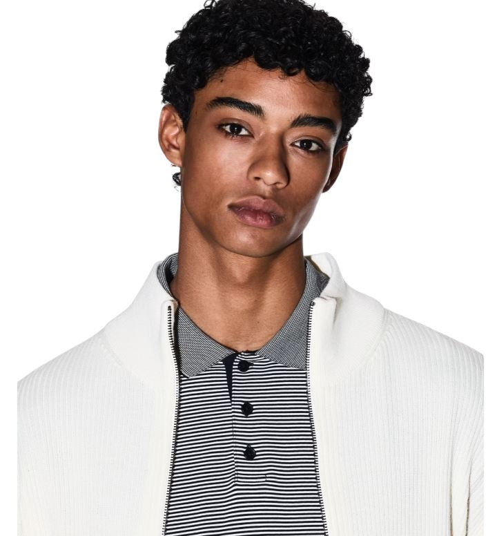 Ribbed Knit Cardigan With High Neck