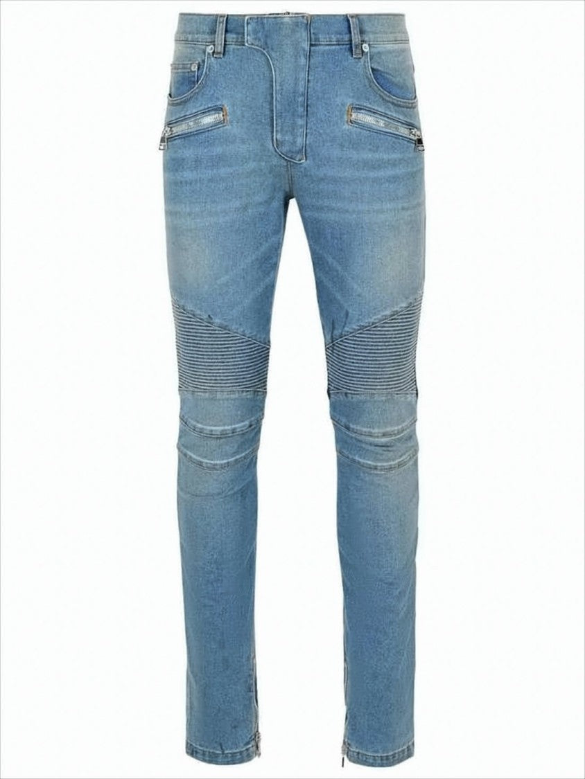 Light Blue Slim-Fit Denim Pants with Ribbed Detailing