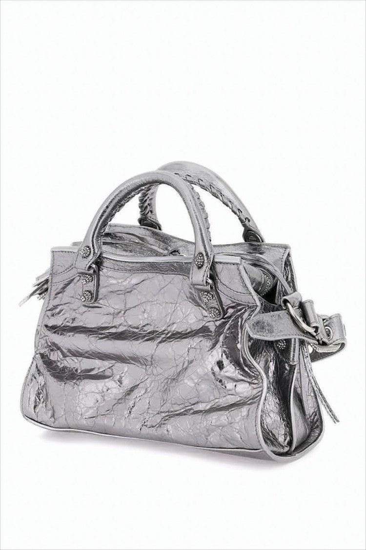 Crinkled Lambskin Silver Tote Bag with Eyelet Accents