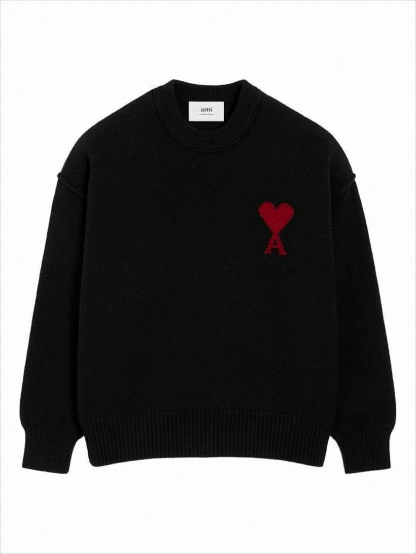 Relaxed Fit Black Wool Sweater With Heart Emblem