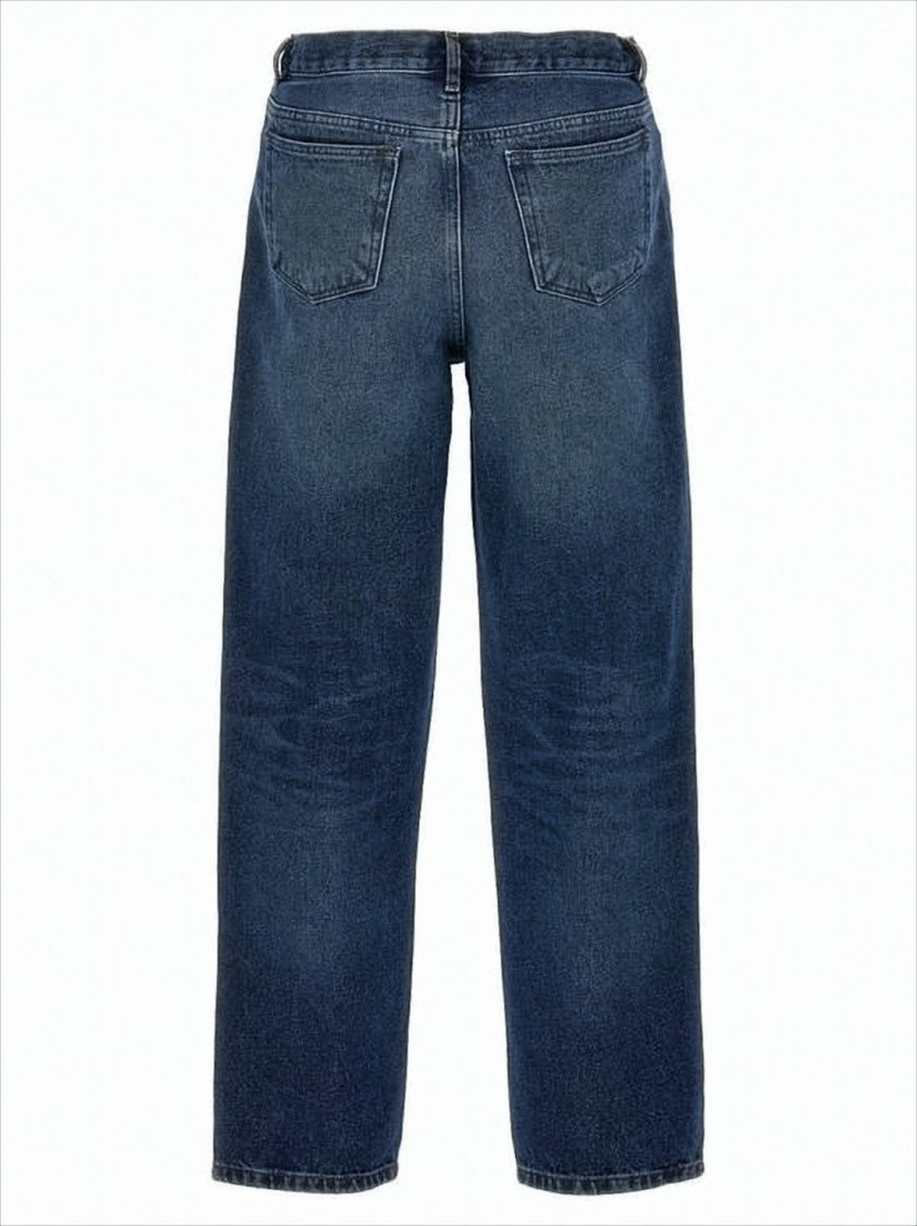 Mid-Blue Straight-Leg Denim Pants with Fading