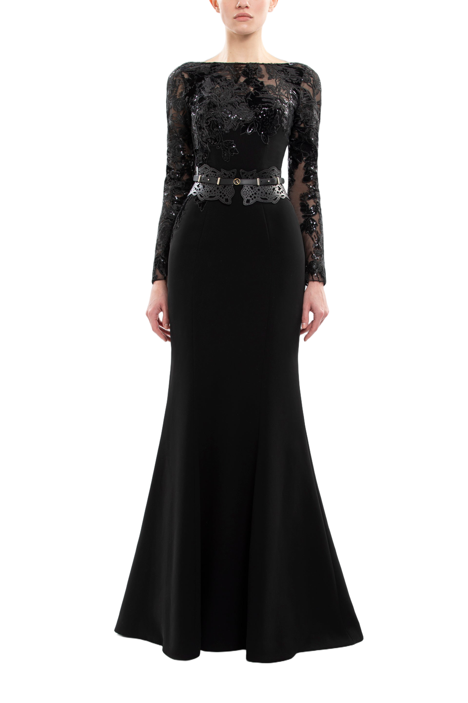 Embroidered Crepe Dress With Leather Belt