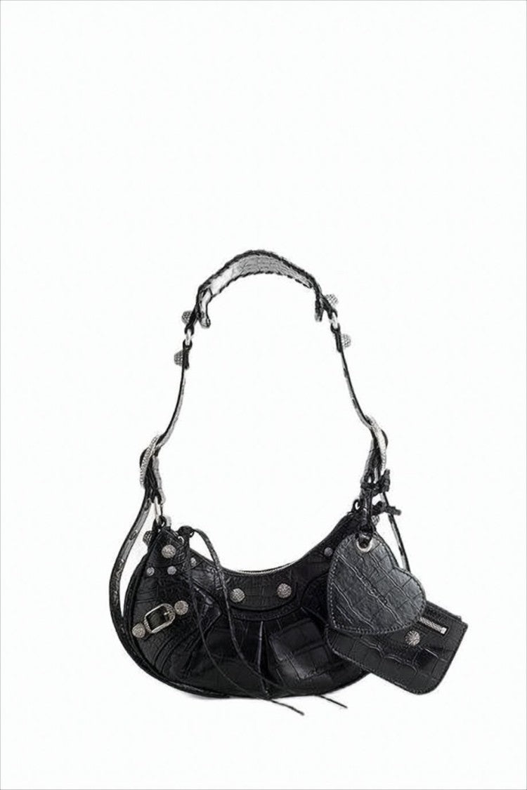 Crescent-Shaped Shoulder Bag With Textured Lamb Leather And Detachable Charm