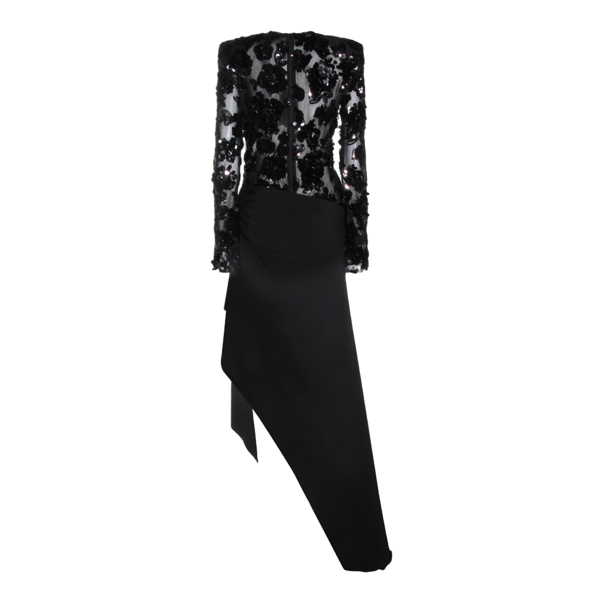 Asymmetrical Black Sequined Floral Appliqué Dress