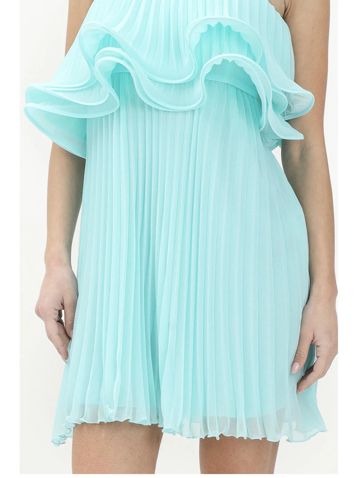 Light Blue Polyester Pleated Mini Dress