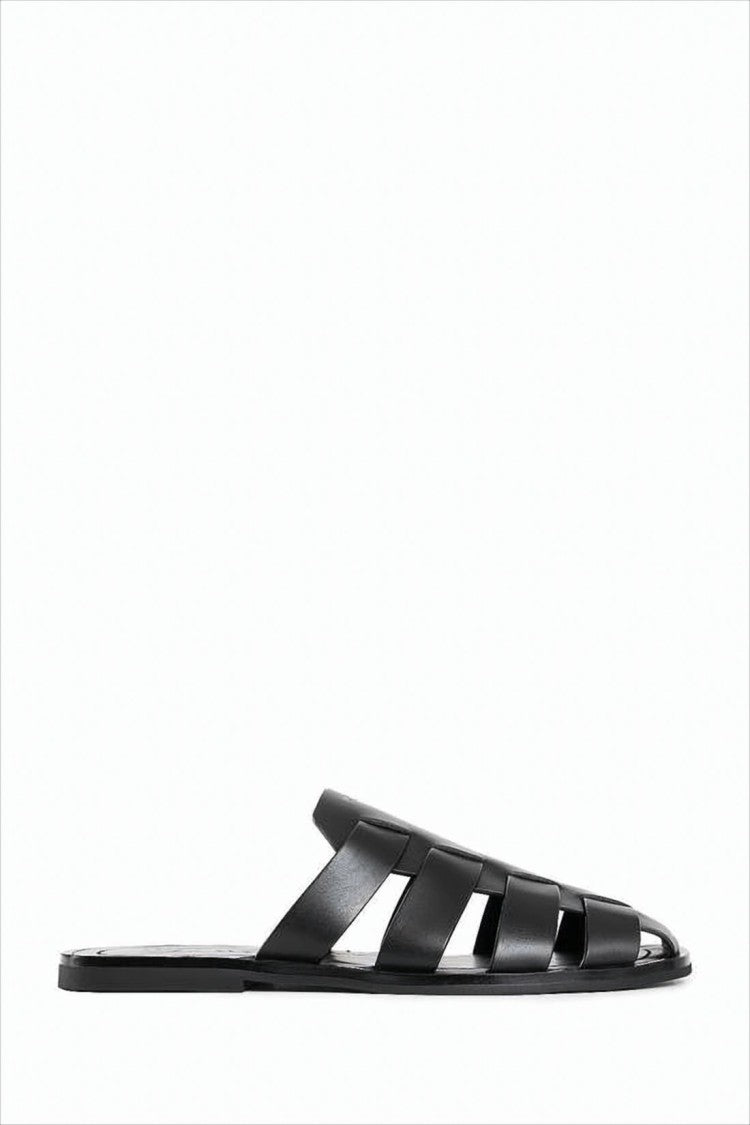 Woven Strap Black Leather Mules