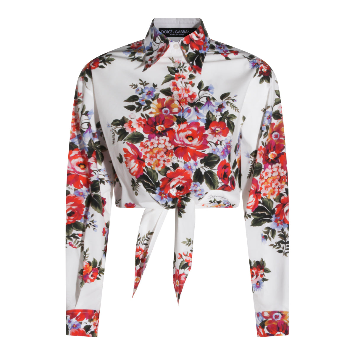 White Floral Tie-Front Cropped Shirt