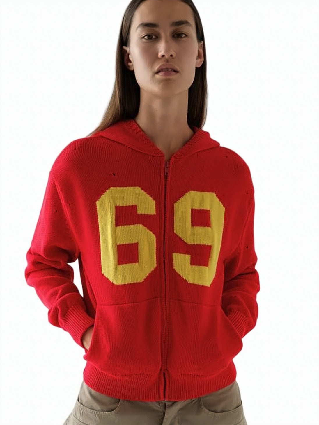 Red Knitted Zip-up Kangaroo Pocket Hoodie