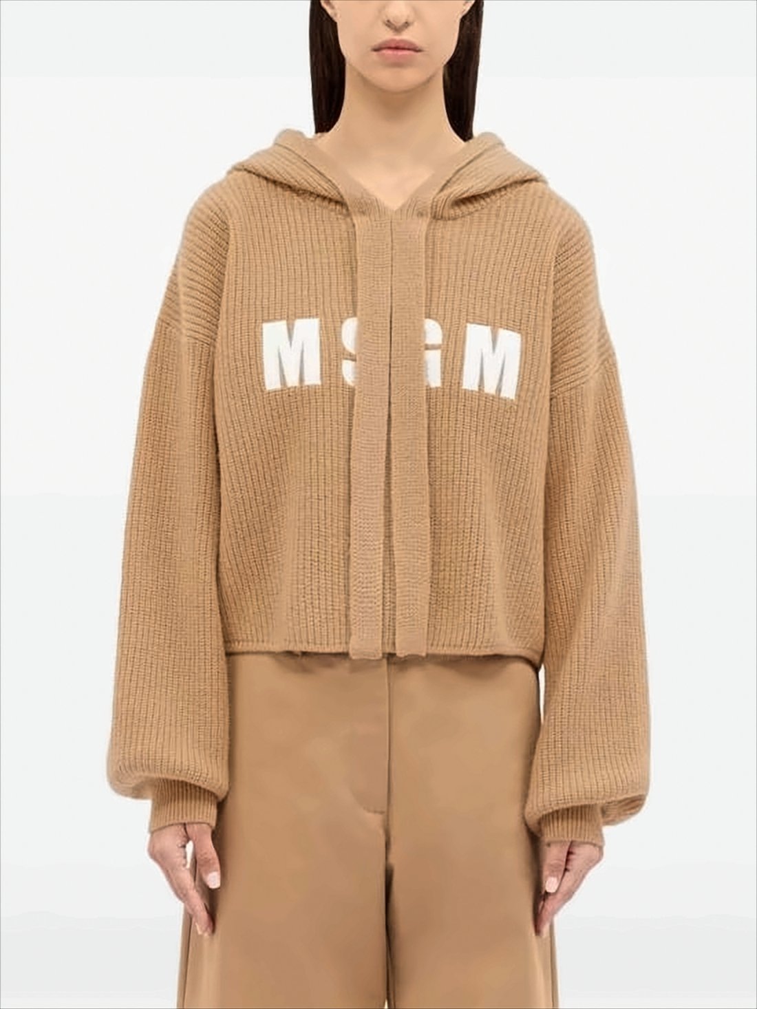 Ribbed Knit Cropped Hoodie with Graphic Lettering