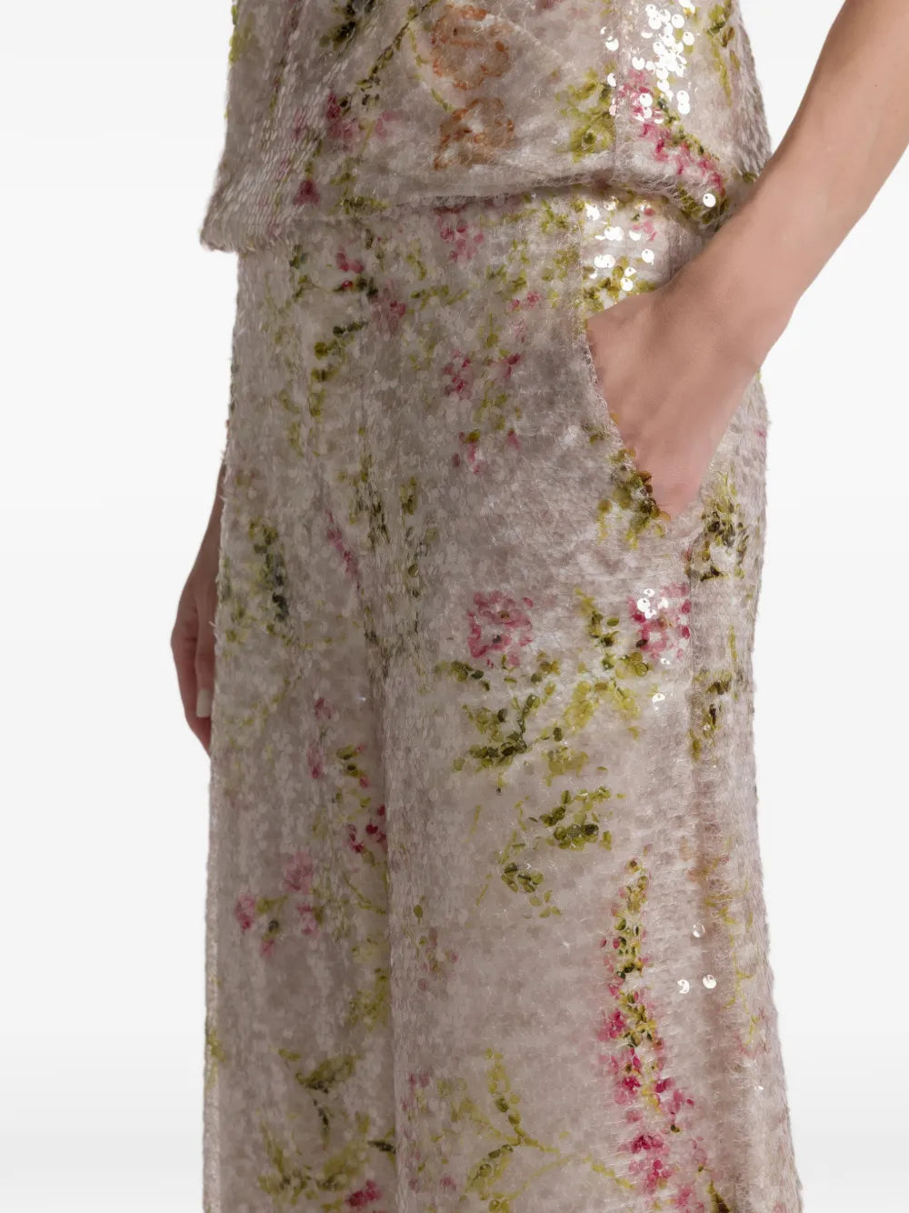 High-Waisted Wide-Leg Pants with Floral Sequin Embellishments