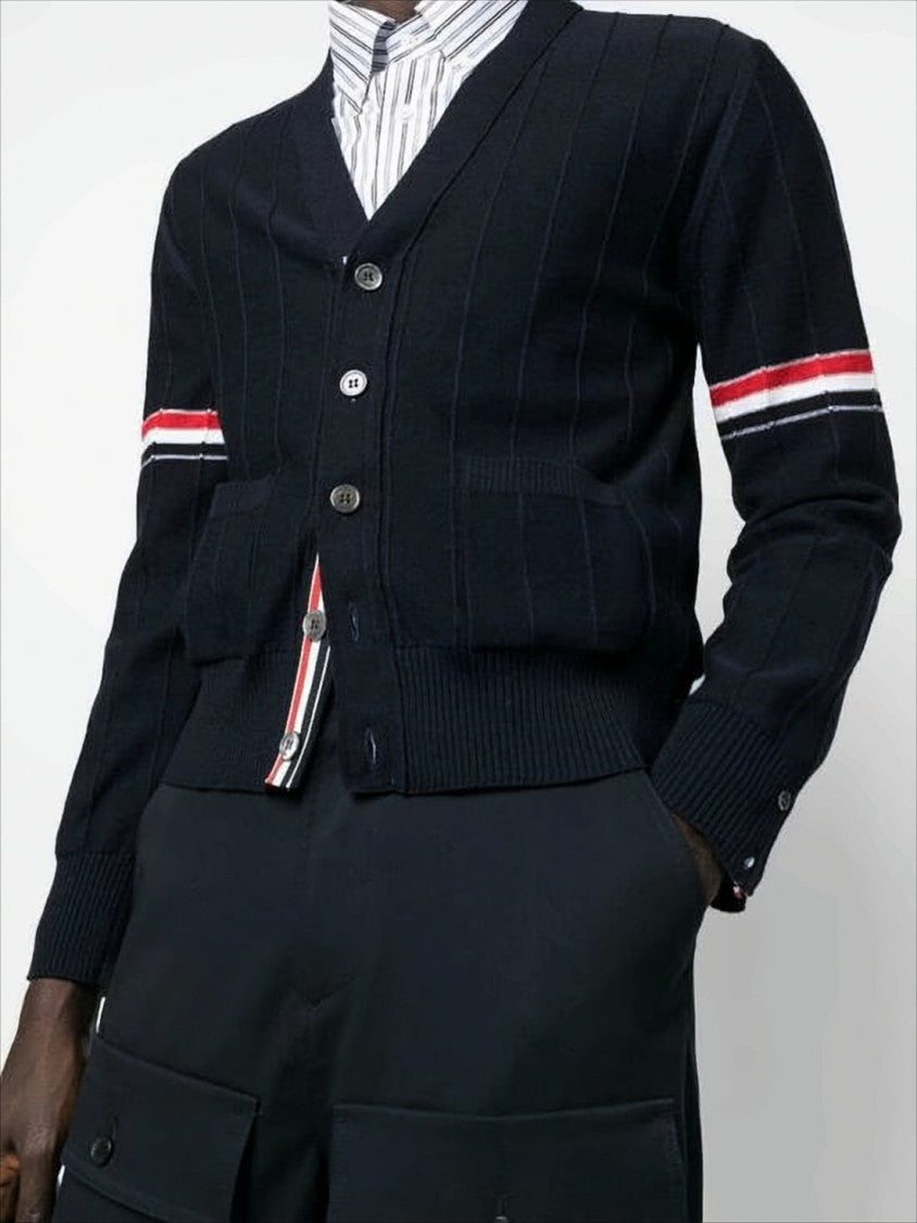 Classic V-Neck Cardigan with Striped Accents