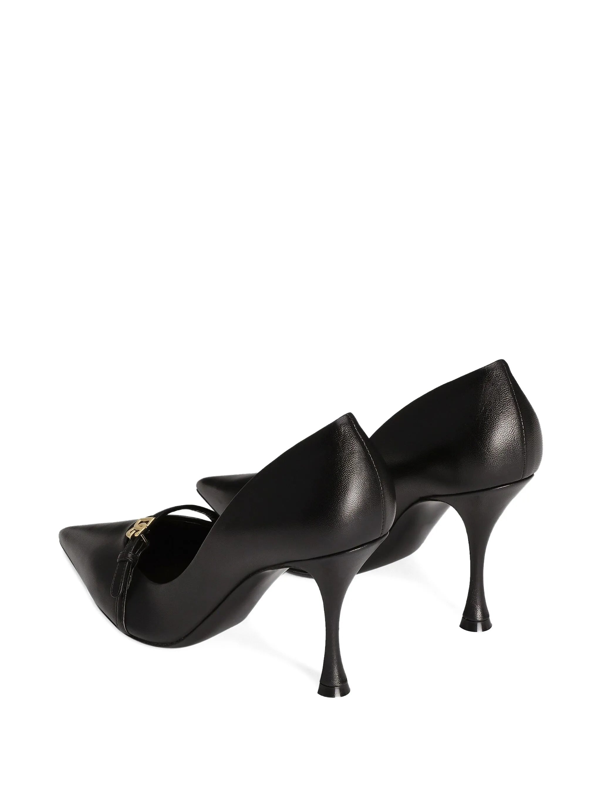 Pointed-Toe Black Leather Metallic Logo Pumps