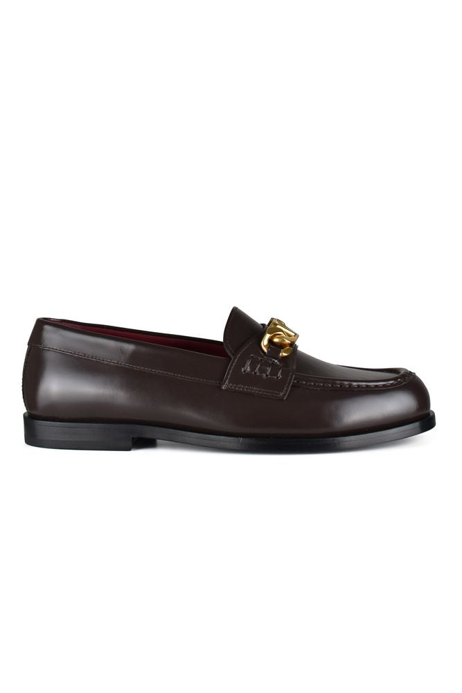 Brown Leather Loafers with Gold Chain Detail